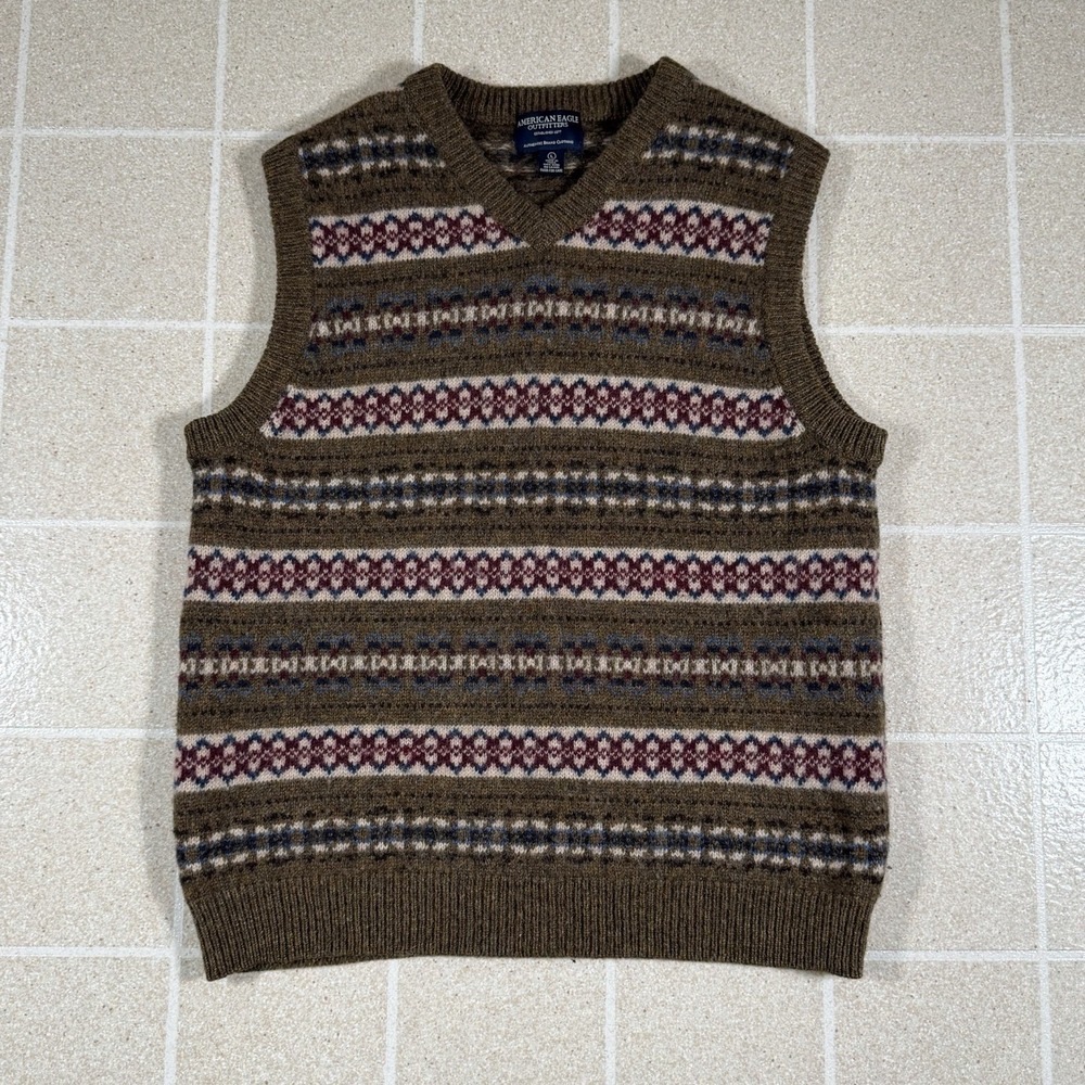 Vtg American Eagle Wool Sweater Vest Brown Fair Isle Nordic Knit Sz L Cabincore